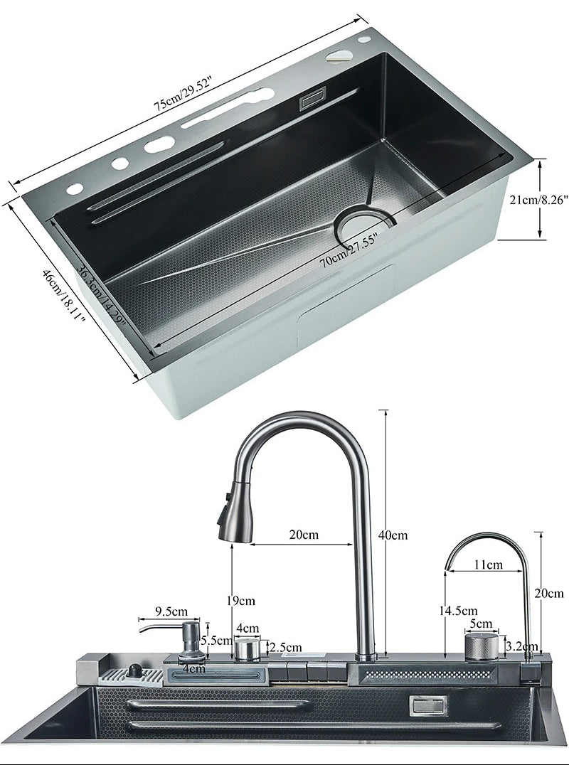 Pia de Cozinha em Aço Inoxidável com Display Digital e Torneira Cascata