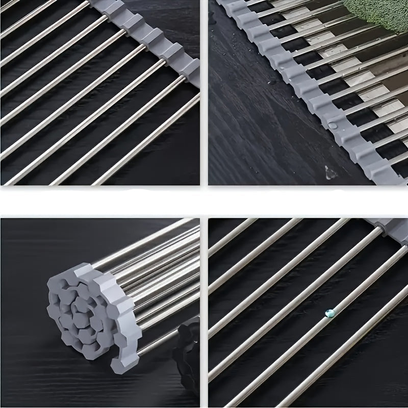 1pc Escorredor de Louça Deluxe em Aço Inoxidável | Economizador de Espaço, Multifuncional, Design para Colocar Sobre a Pia, Portátil, Enrolável, Anti-Ferrugem, Fácil de Limpar, Organizador de Pia de Cozinha - Perfeito para Cozinhas Pequenas