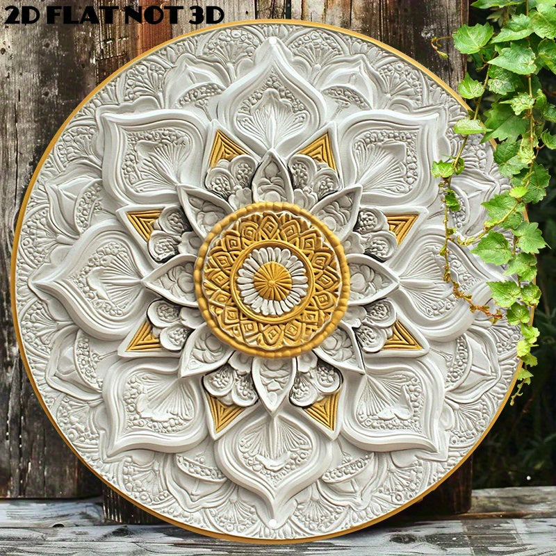 1 peça de arte de parede mandala de alumínio redondo de 8x8 polegadas - Design intrincado em ouro e branco, sinal de metal leve para casa ou escritório, acréscimo artístico para sala | Design mandala intrincado | Arte de parede de metal, arte de parede de metal