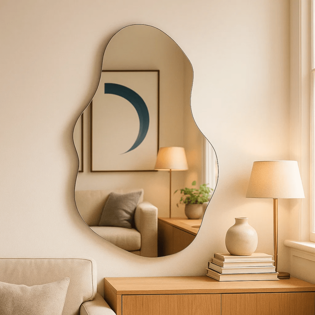 Espelho Orgânico Decorativo Moderno 70x50cm Formato Irregular Estilo Pinterest Vidro Polido de Alta Qualidade Sem Distorção para Decoração de Quarto Sala Hall e Banheiro Opções de Instalação com Suporte ou Fita Dupla Face Design Contemporâneo Luxo Resistente e Versátil Lopazzi Home Decor