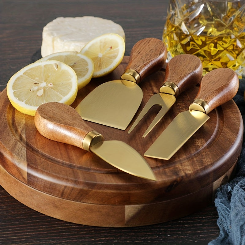 Premium Acacia Cheese Tool Set - with Western Style Acacia Handle, 410 Stainless Steel Cheese Knife, Fork, Butter Scraper, Mini Cheese Slicer Set, Baking Tools, Kitchen Supplies, Restaurant Supplies
