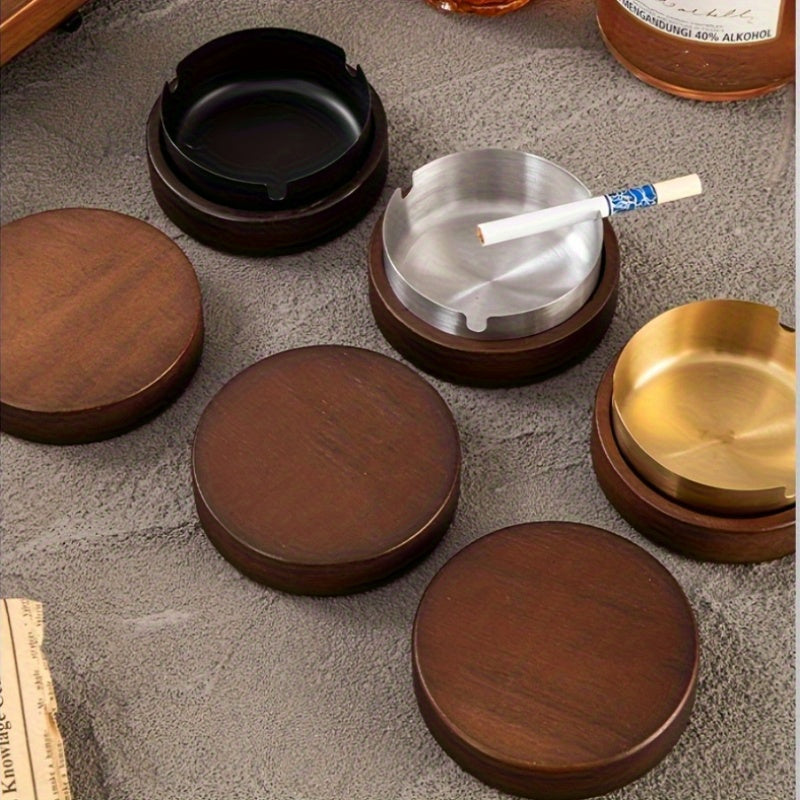 Cinzeiro redondo de madeira sólida com tampa - Material de madeira escura premium, cor de acácia retro, desmontável e fácil de limpar, presente perfeito para pai, clientes de negócios, namorado ou amante, ideal para uso interior em escritórios, cafés, bares, casas noturnas, casas e quintais.