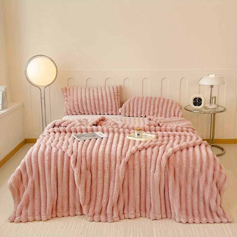 Manta Gdan Rinoceronte Luxuosa de Pele Falsa de Coelho - Adequada para Sofá, Cama, Escritório e Viagem - Manta Macia, Quente e Aconchegante Listrada, Colcha Contemporânea, Lavável à Mão, Presente Ideal de Natal e Uso em Todas as Estações (Multicolor)