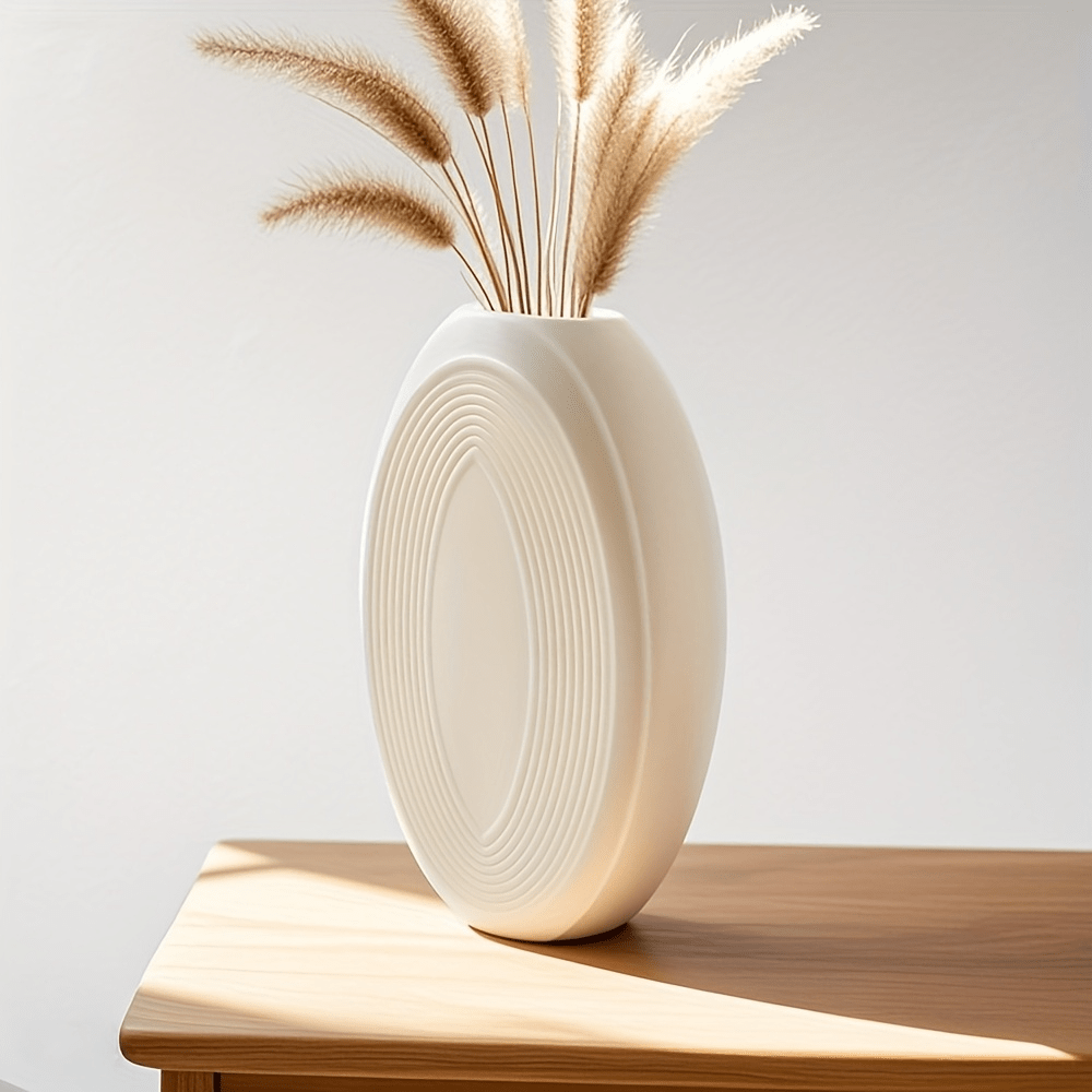 Conjunto de 2 Vasos de Cerâmica em Branco Leite Mate com Design Circular Ondulado, Leves e Inquebráveis, Adequados para Arranjos de Ramos Secos, Perfeitos para Entradas e Salas de Estar.