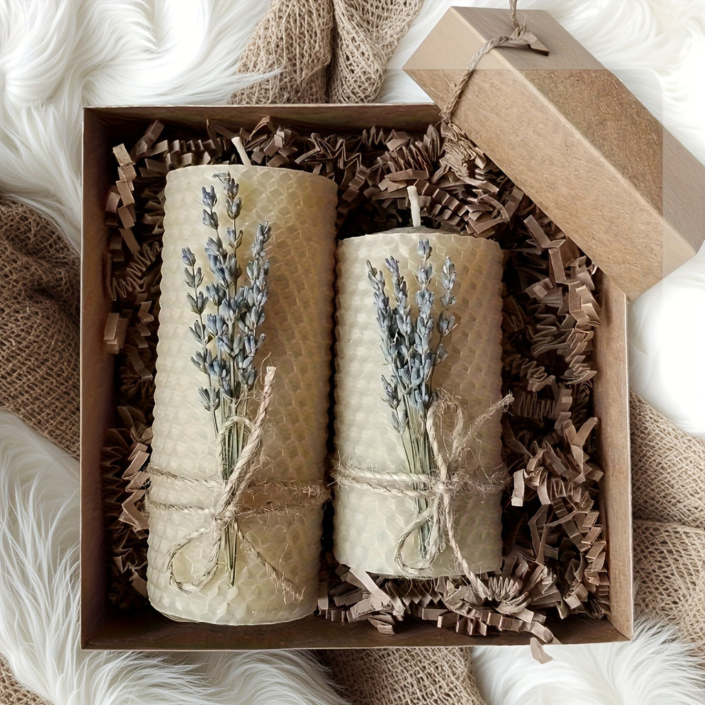 Conjunto de 2 Velas de Cera de Abelha, Velas de Cera de Abelha em Pilar com Aroma de Lavanda, Perfeitas para Presentes, Festas, Rituals e Decoração de Casa