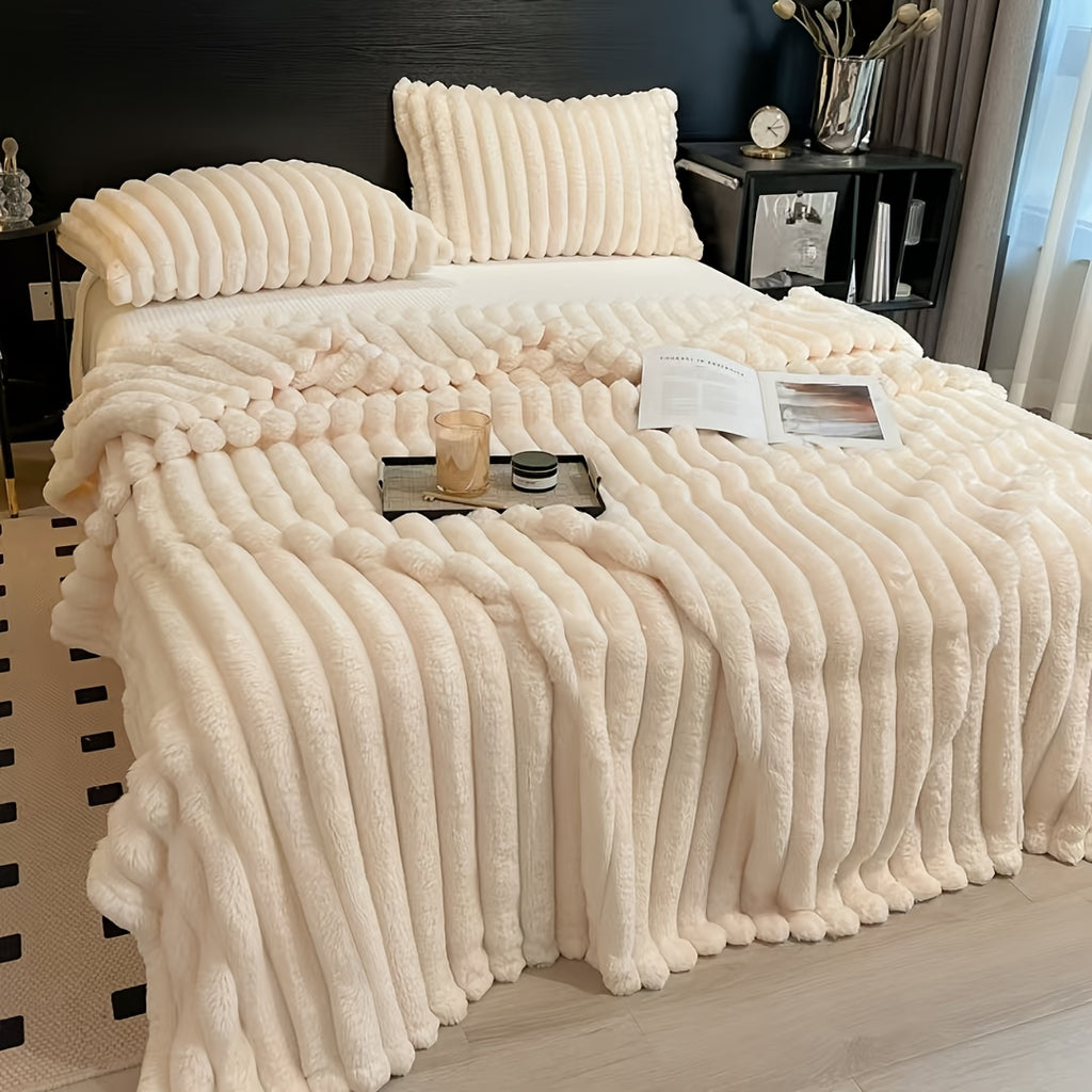 Manta Gdan Rinoceronte Luxuosa de Pele Falsa de Coelho - Adequada para Sofá, Cama, Escritório e Viagem - Manta Macia, Quente e Aconchegante Listrada, Colcha Contemporânea, Lavável à Mão, Presente Ideal de Natal e Uso em Todas as Estações (Multicolor)
