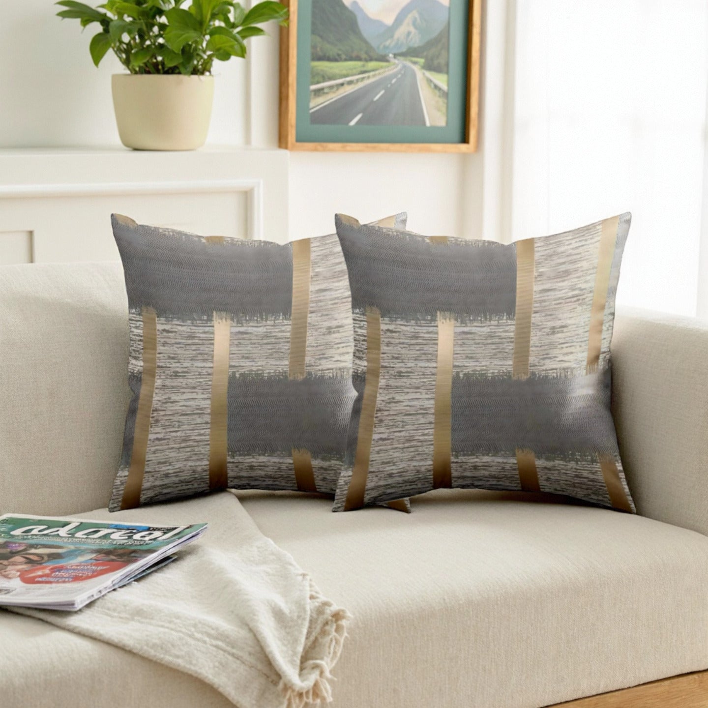 2 unidades de Almofadas Premium Cinza-Douradas Artísticas | Textura Escovada com Linhas Metálicas, Capas de Almofada Contemporâneas em Poliéster, Fecho de Zíper, Adiciona Luxo Minimalista Moderno ao Sala de Estar