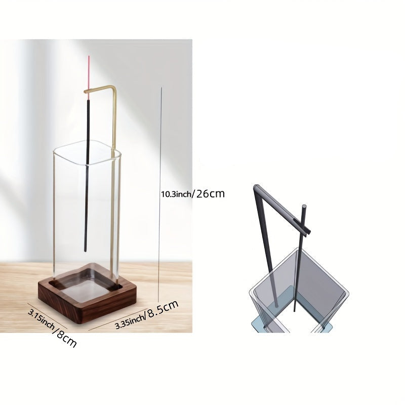Suporte Elegante para Incenso de Madeira e Vidro com Detalhes Dourados - Não Precisa de Eletricidade, Design Seguro de Ventilação de Fumaça para Yoga, Decoração de Casa e Relaxamento, Suporte para Varetas de Incenso, Estilo Contemporâneo, Design Minimalista, Construção em Vidro Durável, Acabamento