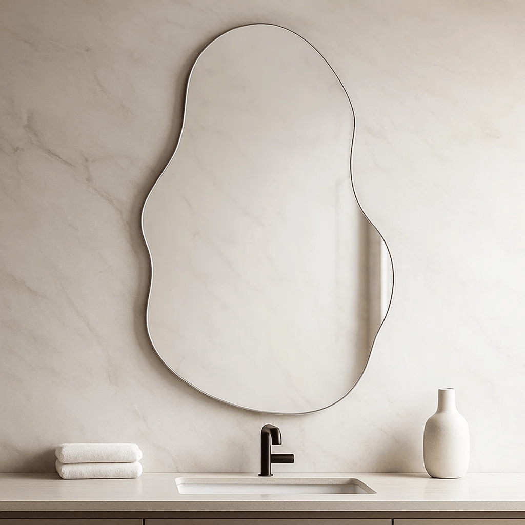 Espelho Orgânico Decorativo Moderno 70x50cm Formato Irregular Estilo Pinterest Vidro Polido de Alta Qualidade Sem Distorção para Decoração de Quarto Sala Hall e Banheiro Opções de Instalação com Suporte ou Fita Dupla Face Design Contemporâneo Luxo Resistente e Versátil Lopazzi Home Decor