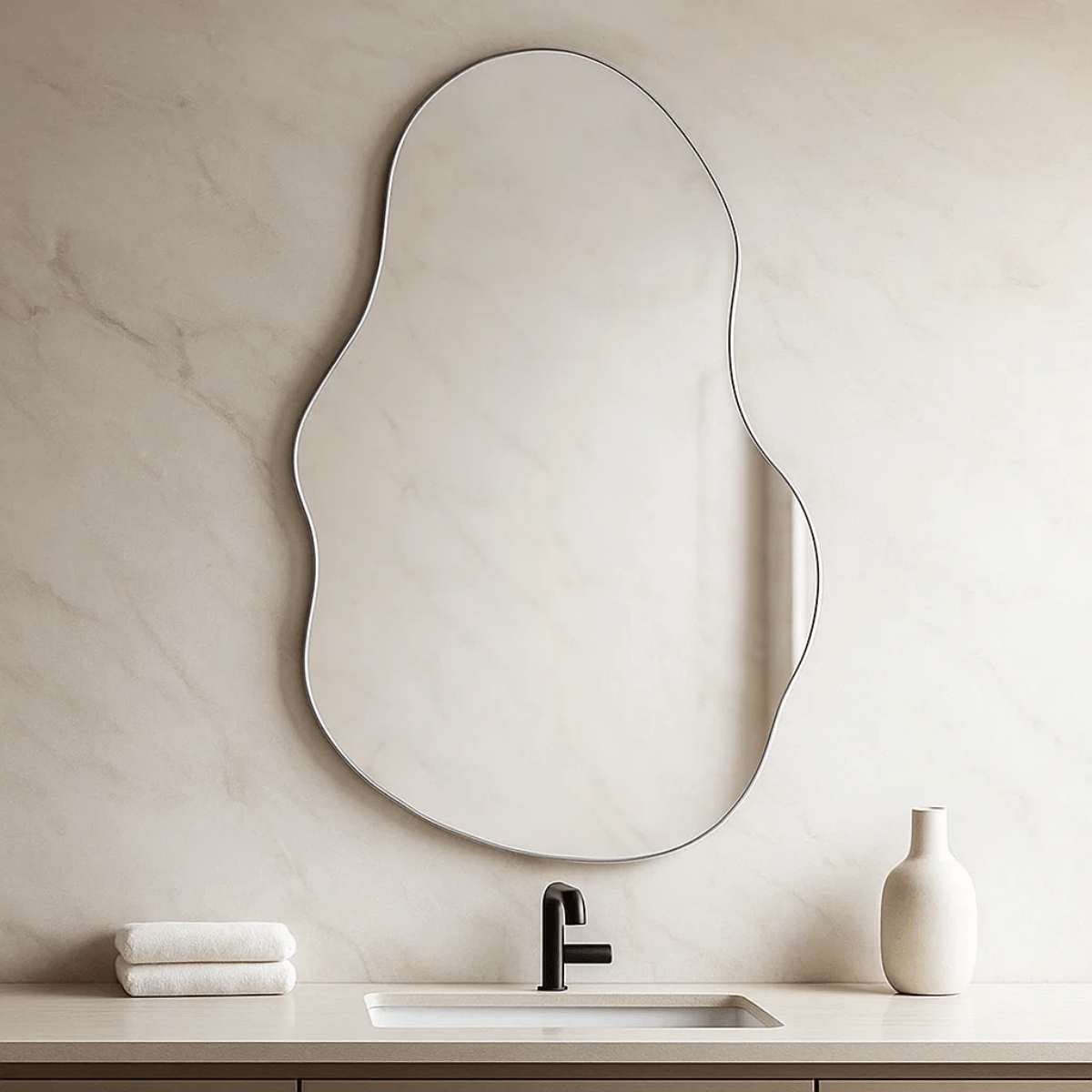 Espelho Orgânico Decorativo Moderno 70x50cm Formato Irregular Estilo Pinterest Vidro Polido de Alta Qualidade Sem Distorção para Decoração de Quarto Sala Hall e Banheiro Opções de Instalação com Suporte ou Fita Dupla Face Design Contemporâneo Luxo Resistente e Versátil Lopazzi Home Decor