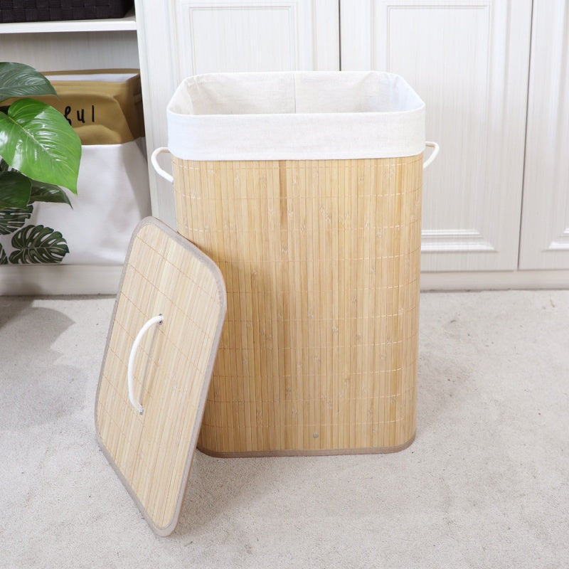 Dirty Laundry Basket 72 LITERS Bamboo Rectangular Lid Coated Quarter Bathroom Foldable