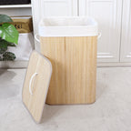 Dirty Laundry Basket 72 LITERS Bamboo Rectangular Lid Coated Quarter Bathroom Foldable