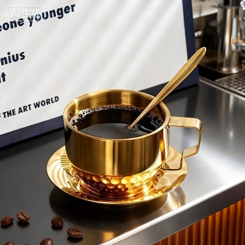 Conjunto de 3 Peças de Copos Premium em Aço Inoxidável Dourado | Inclui Copo, Prato e Colher, Ideal para Casa, Escritório, Cafés ou Lojas de Sobremesas, Capacidade de 150ml