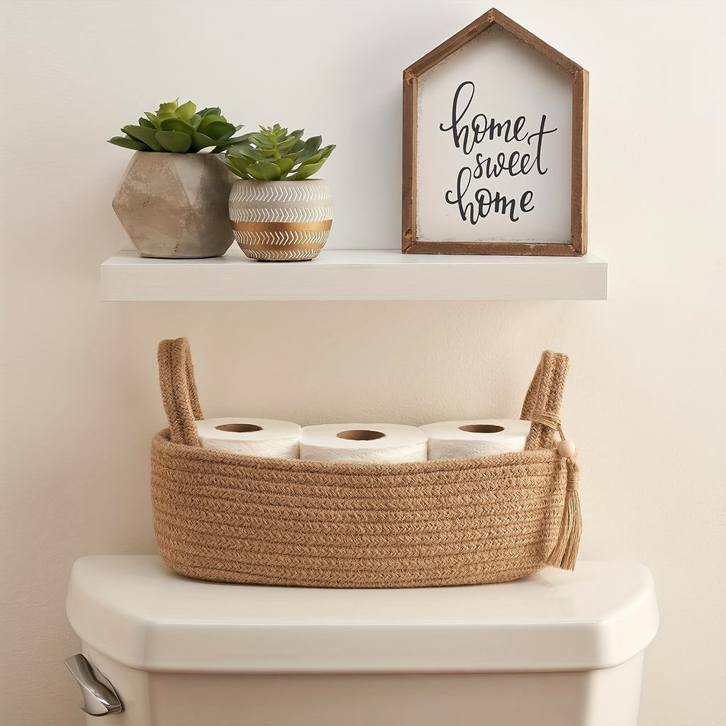 Bohemian Woven Fabric Toilet Paper Basket with Tassels - No-Installation Bathroom Storage Shelf & Decorative Hanging Toilet Tank Organizer, Cloth Basket for Towels, Tubes & Small Items - Decorative Bath Shelf for Modern or traditional rooms, Toilet