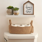 Bohemian Woven Fabric Toilet Paper Basket with Tassels - No-Installation Bathroom Storage Shelf & Decorative Hanging Toilet Tank Organizer, Cloth Basket for Towels, Tubes & Small Items - Decorative Bath Shelf for Modern or traditional rooms, Toilet