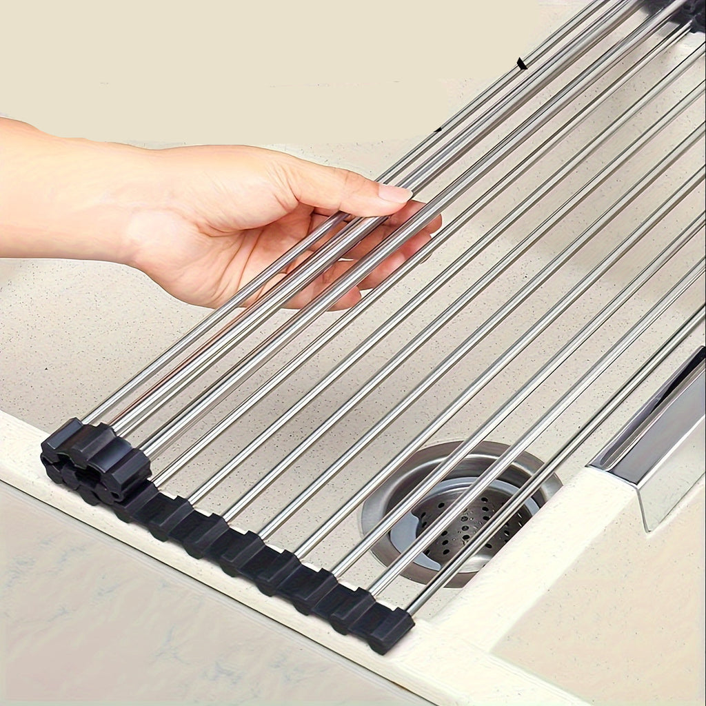 1pc, Deluxe Stainless Steel Roll-Up Dish Drying Rack - Space-Saving Over The Sink Design, Multifunctional Dish Drain Rack, Portable Rolling Rack, Sink Mat, Easy Storage, Rust-Resistant, Durable, And Compact Kitchen Tool, Drain Rack