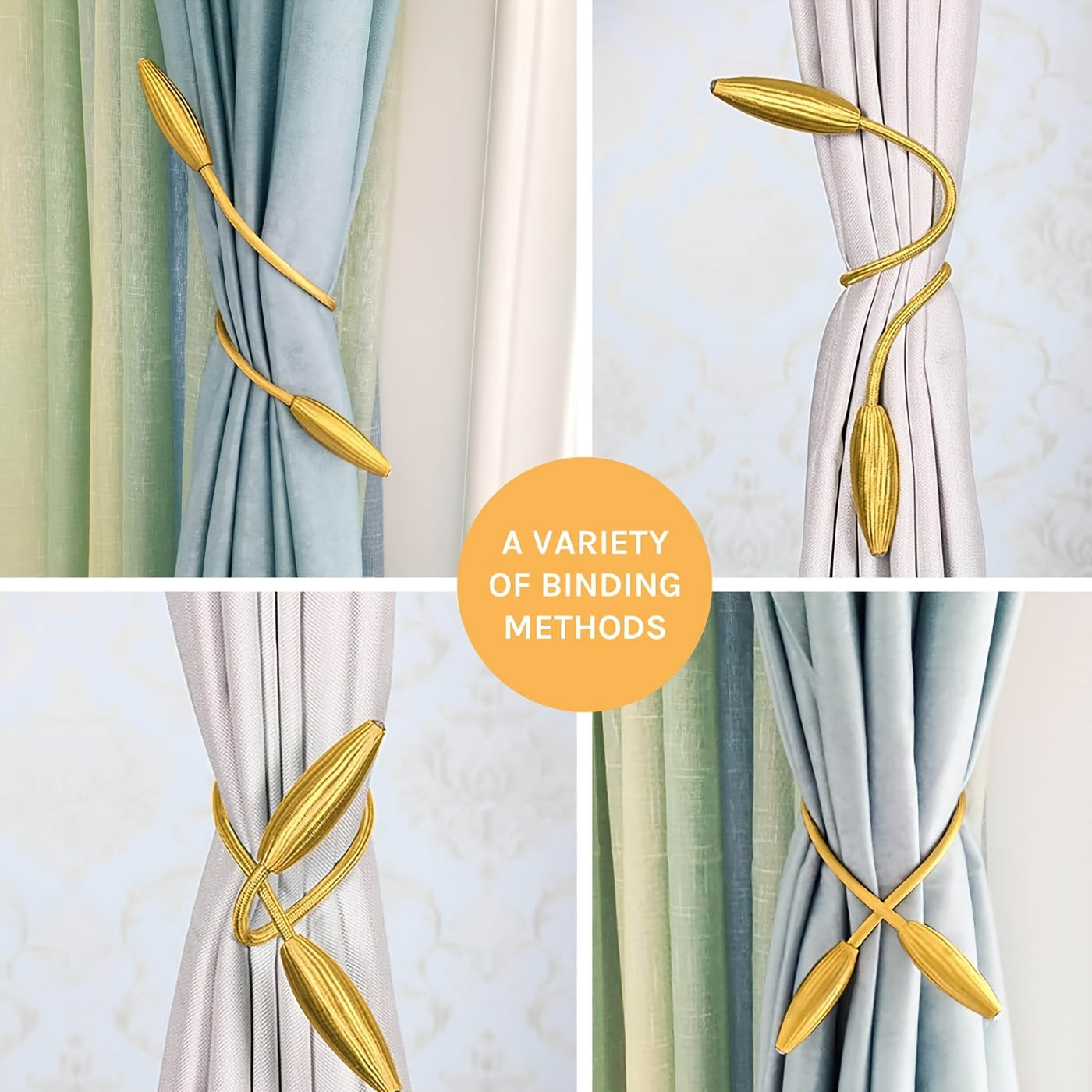 5 unidades de suportes de cortina dourados em tecido macio | Suportes de cortina com modelação aleatória e nó, suportes de cortina duráveis em poliéster para cortinas de janela, suportes de decoração elegantes para casa com trabalhos finos