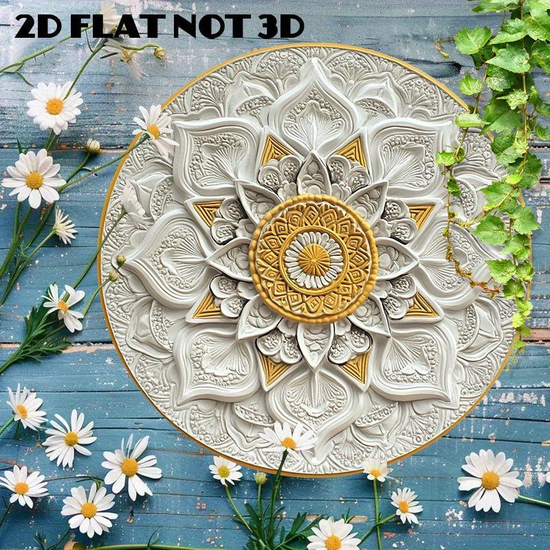 1 peça de arte de parede mandala de alumínio redondo de 8x8 polegadas - Design intrincado em ouro e branco, sinal de metal leve para casa ou escritório, acréscimo artístico para sala | Design mandala intrincado | Arte de parede de metal, arte de parede de metal