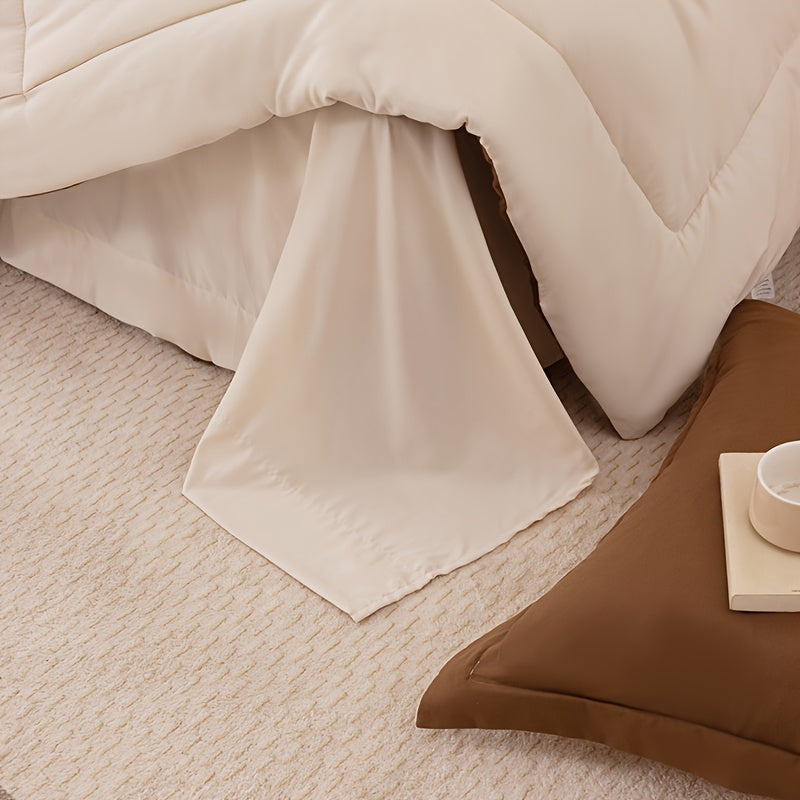 Conjuntos de cama Queen Size - Conjuntos de cama Queen Size marrom e bege, Conjuntos de roupa de cama macia para todas as estações - Conjuntos de 5 peças - 1 edredom (223,52 cm x 223,52 cm) e 2 fronhas (50,8 cm x 66,04 cm) e 1 lençol (228,6 cm x 259,08 cm) e 1 capa de cama (152,4 cm x 203,2 cm + 35