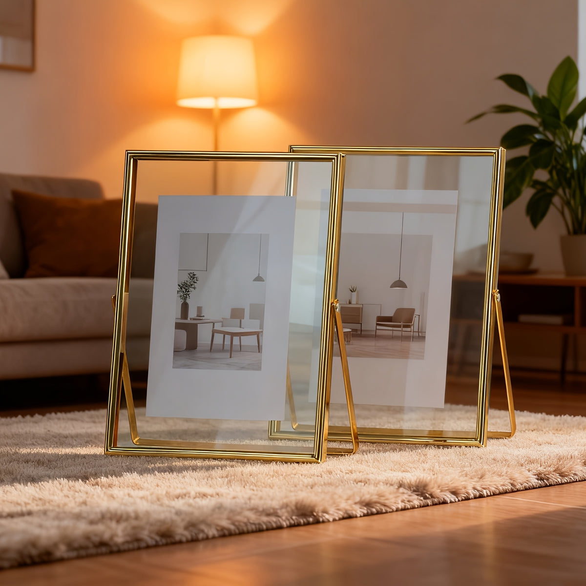 Porta-retratos de Vidro Flutuante Dourado Estilo Instagram em Tamanho de 6, 7 e 25.4 cm com Estrutura de Ferro e Metal Giratória, Ideais para Fotos Retrato ou Como Presentes Festivos