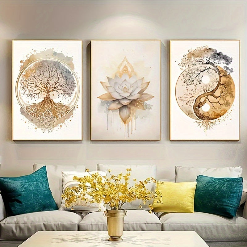 [2D Flat] Três Posters de Tela de Arte Decorativa Moderna com a Árvore da Vida e Impressões de Lótus, Orientados para Retrato, Pinturas a Óleo Sem Moldura para Arte de Parede em Salas de Estar e Quartos.