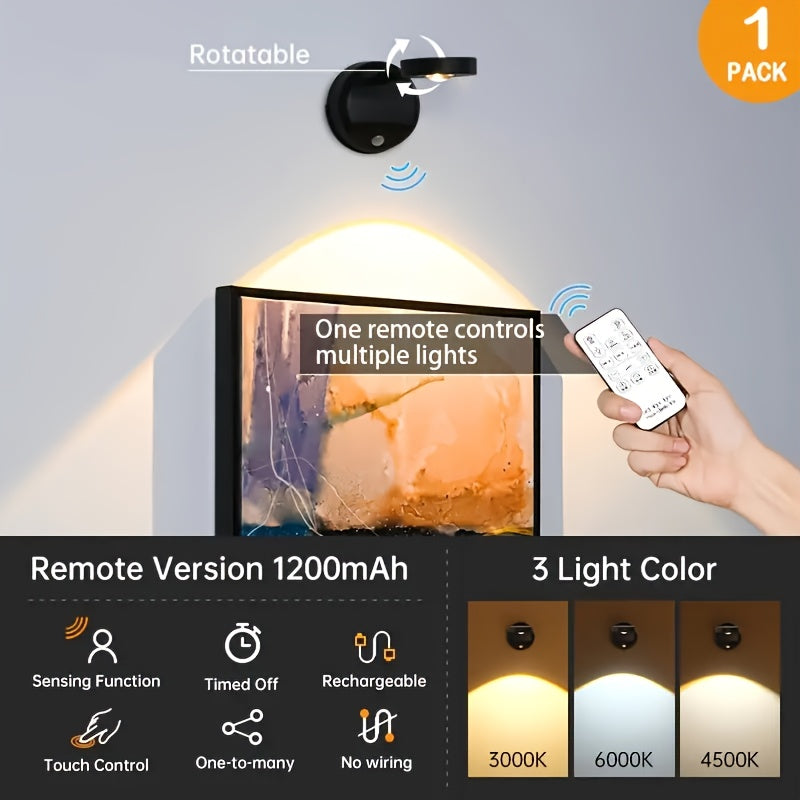 Luz de Parede LED com Sensor de Movimento, Recarregável por USB, Inclui Controlo Remoto, Brilho Ajustável, Três Temperaturas de Cor e Função de Temporizador. Adequada para Galerias, Escadas, Corredores, Salas de Estar e Vitrines.