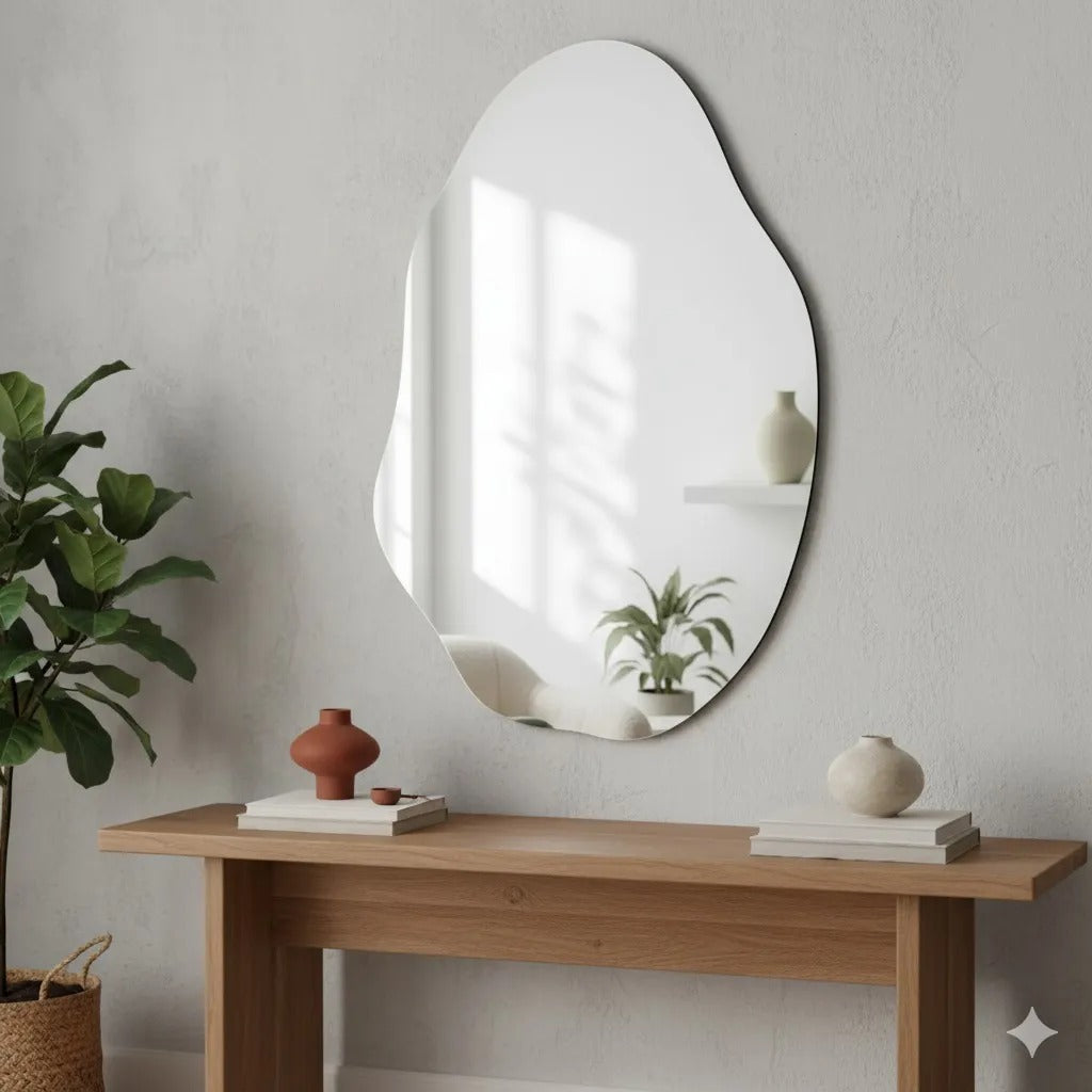 Espelho Orgânico Decorativo Moderno 70x50cm Formato Irregular Estilo Pinterest Vidro Polido de Alta Qualidade Sem Distorção para Decoração de Quarto Sala Hall e Banheiro Opções de Instalação com Suporte ou Fita Dupla Face Design Contemporâneo Luxo Resistente e Versátil Lopazzi Home Decor