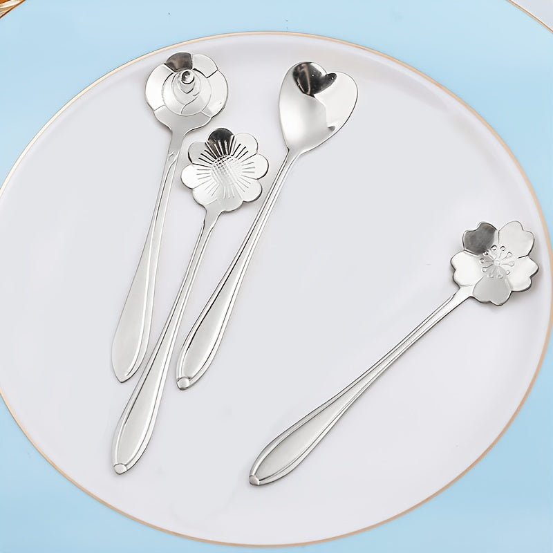Conjunto de 4 colheres de chá pequenas em formato de flor, colher de café, colher fofa para sorvete e sobremesa, conjunto de talheres em aço inoxidável