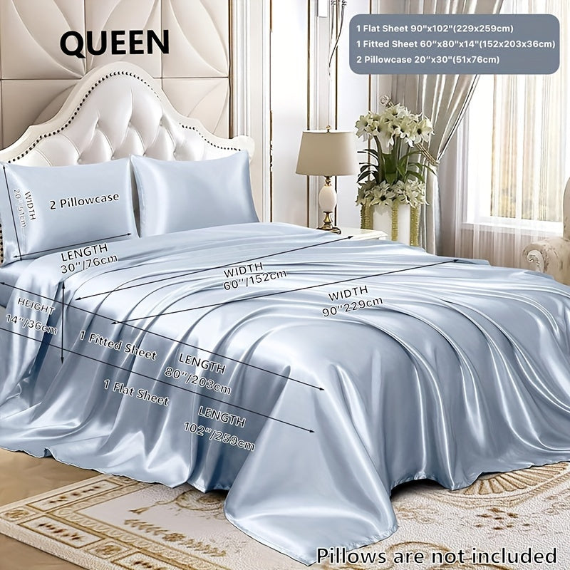 3/4 Peças de Lençol de Cetim - Cobertor de Cama Macio e Respirável, Luxuoso, Adequado para Quarto, Ajustável a Camas, Opções de Cores Múltiplas (Lençol, Cobertor Ajustável e Fronhas)