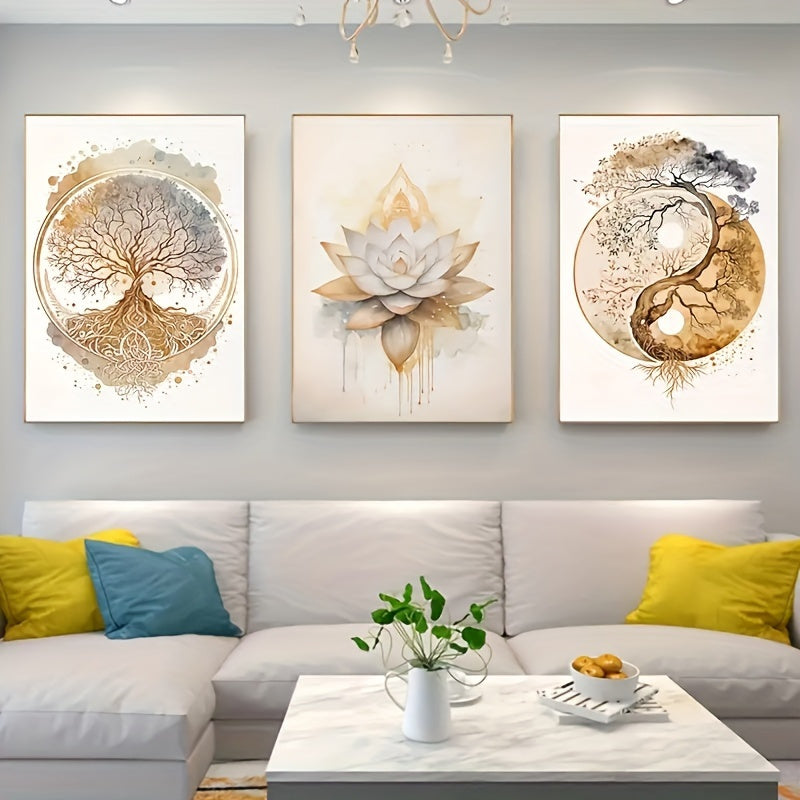 [2D Flat] Três Posters de Tela de Arte Decorativa Moderna com a Árvore da Vida e Impressões de Lótus, Orientados para Retrato, Pinturas a Óleo Sem Moldura para Arte de Parede em Salas de Estar e Quartos.