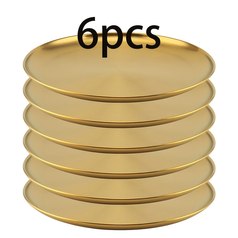 Conjunto de 6 Pratos de Jantar em Aço Inoxidável, Prato de Salada Dourado, Prato de Churrasco Coreano, Prato Principal Ocidental, Prato para Lanches e Sobremesas, Adequado para Restaurante e Uso Doméstico, Bandeja Multifuncional para Lanches e Prato para Ossos