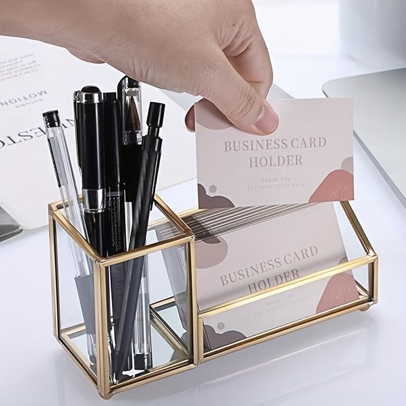 Porta-Cartões de Visita em Vidro com Porta-Canetas Dourado