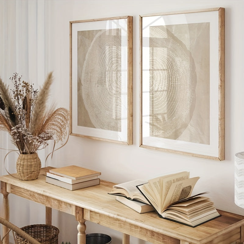 [2D Flat] Conjunto de 2 Impressões em Tela Abstratas com Anéis de Árvore em Bege, Perfeito para Decorar Quartos e Salas de Estar, Ideal Como Presentes de Natal e Ano Novo.
