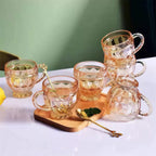 Jogo 6 Xícaras Chá e Café 260ml Itália Âmbar Cristal Dourado Luxuoso