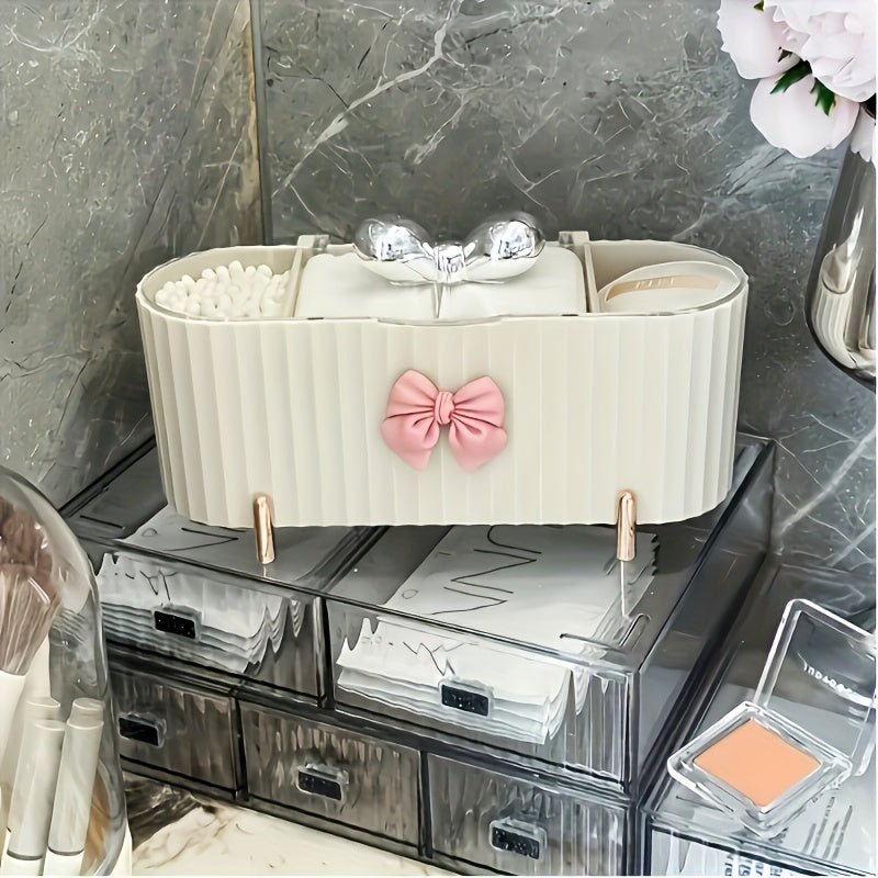 1pc Caixa de Armazenamento de Cosméticos de 3 Compartimentos, uma Bonita Caixa de Armazenamento de Pó com Palhinha em Forma de Laço, Caixa de Armazenamento com Tampa Transparente de Grande Capacidade, Adequada para Casa de Banho, Toucador, Decoração de Armazenamento, Ideal para Presentes de Aniversário, Ano Novo, Presentes de Natal e Presentes de Feriado