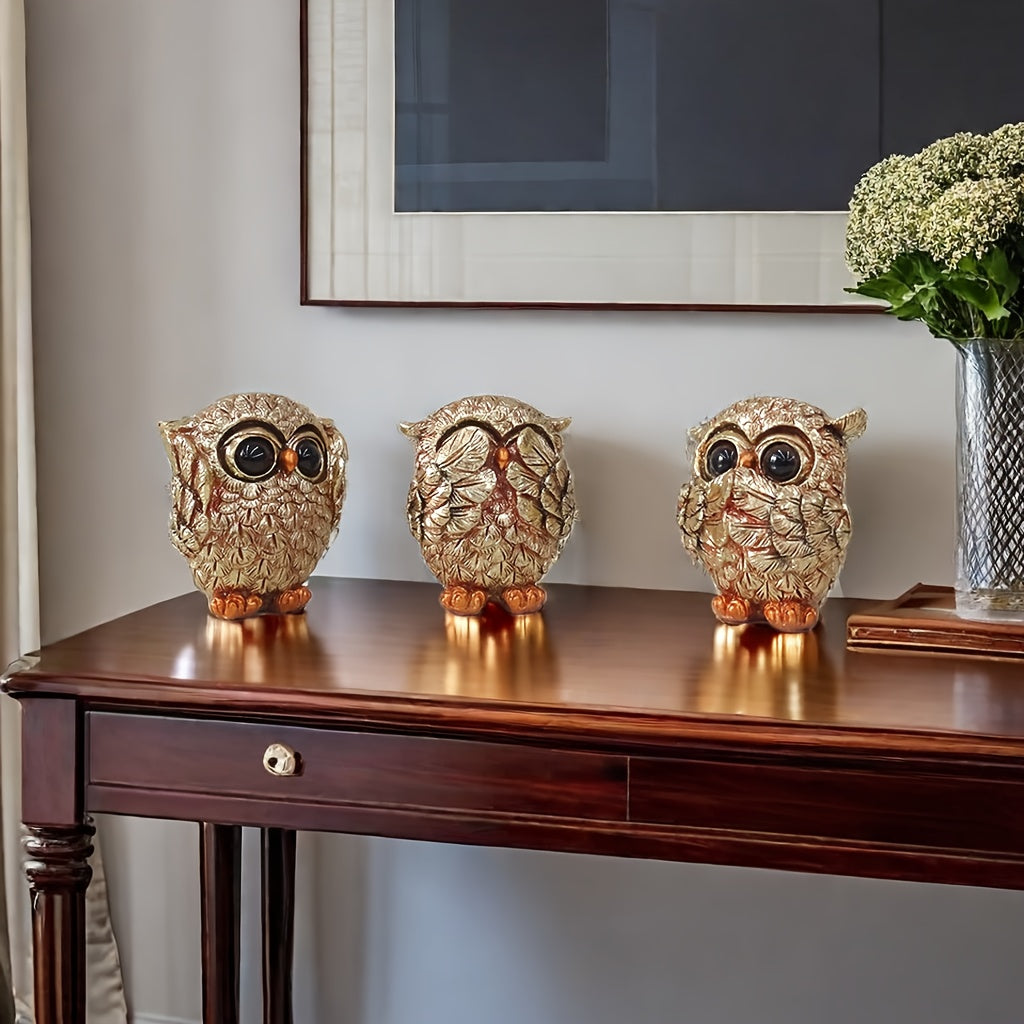 3pcs Creative Owl Statue Set Representing The 'See No Evil, Hear No Evil, Speak No Evil' Concept, Featuring Quirky Big-Eyed Owl Figurines, Suitable for Display in a Wine Cabinet, Living Room, Office Desk, Or Home Decor