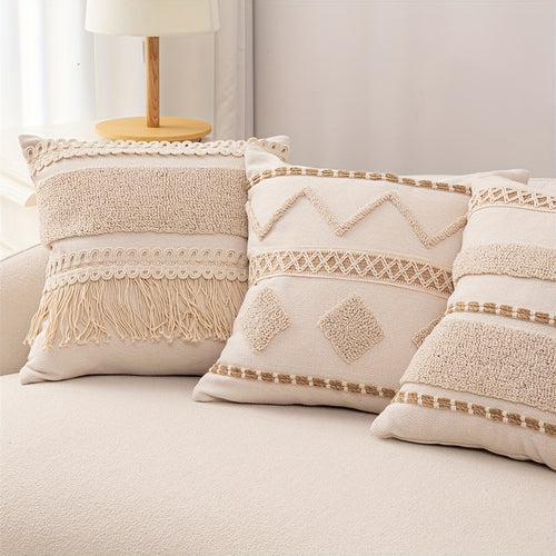 1pc Capa de Almofada Decorativa Bohemia Bordada - Design Geométrico Marroquino, 45.72x45.72 cm, Hipoalergênica para Sofá e Quarto, Fechamento com Zíper (Sem Enchimento), Tecido Texturizado Espesso, Decoração Rústica Champanhe para Sala e Quarto, Acessório para Cama ou Sofá