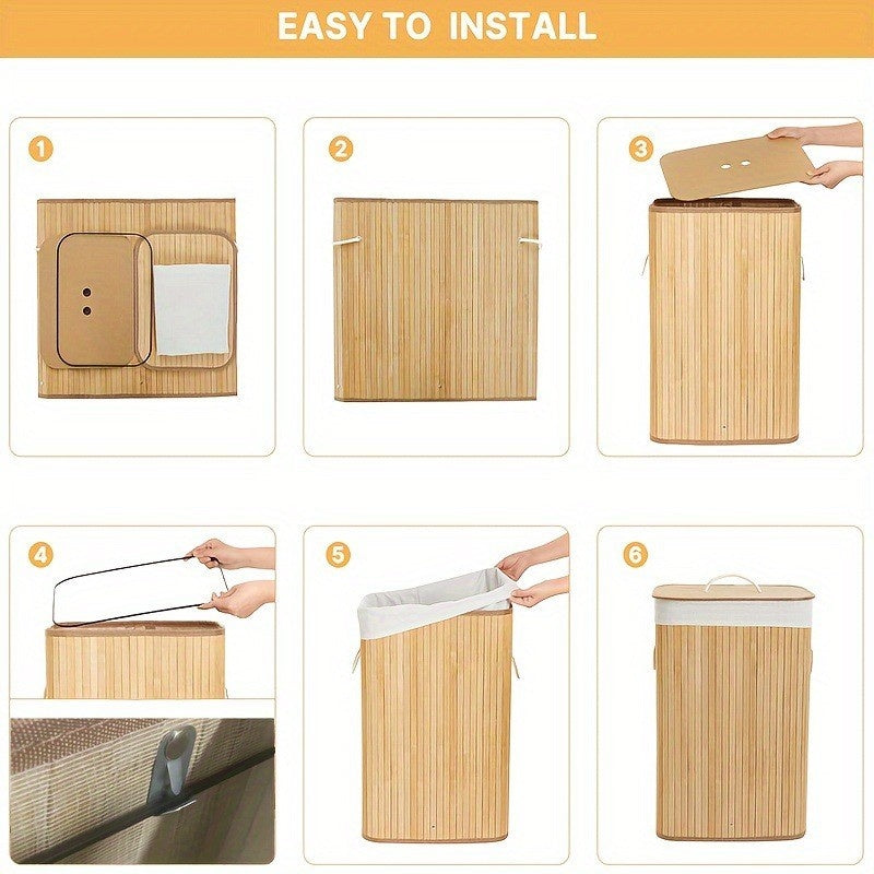 Dirty Laundry Basket 72 LITERS Bamboo Rectangular Lid Coated Quarter Bathroom Foldable