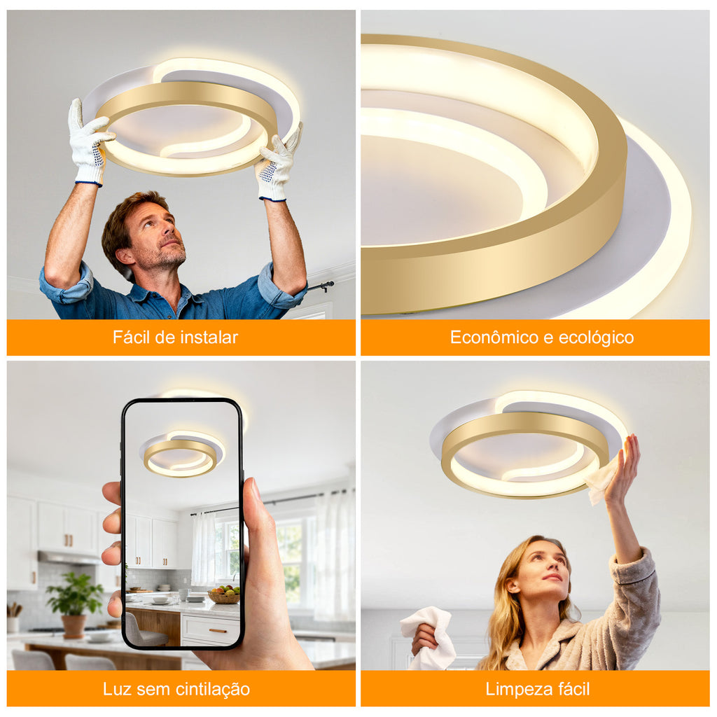 Ceiling Lamp, Modern Adjustable 23W Plafon Light, Strong And Economical Bivolt 110-265V Bedroom Lamp, Modern Lighting for Living Room, Bedroom, And Kitchen, 3 in 1, Golden Color