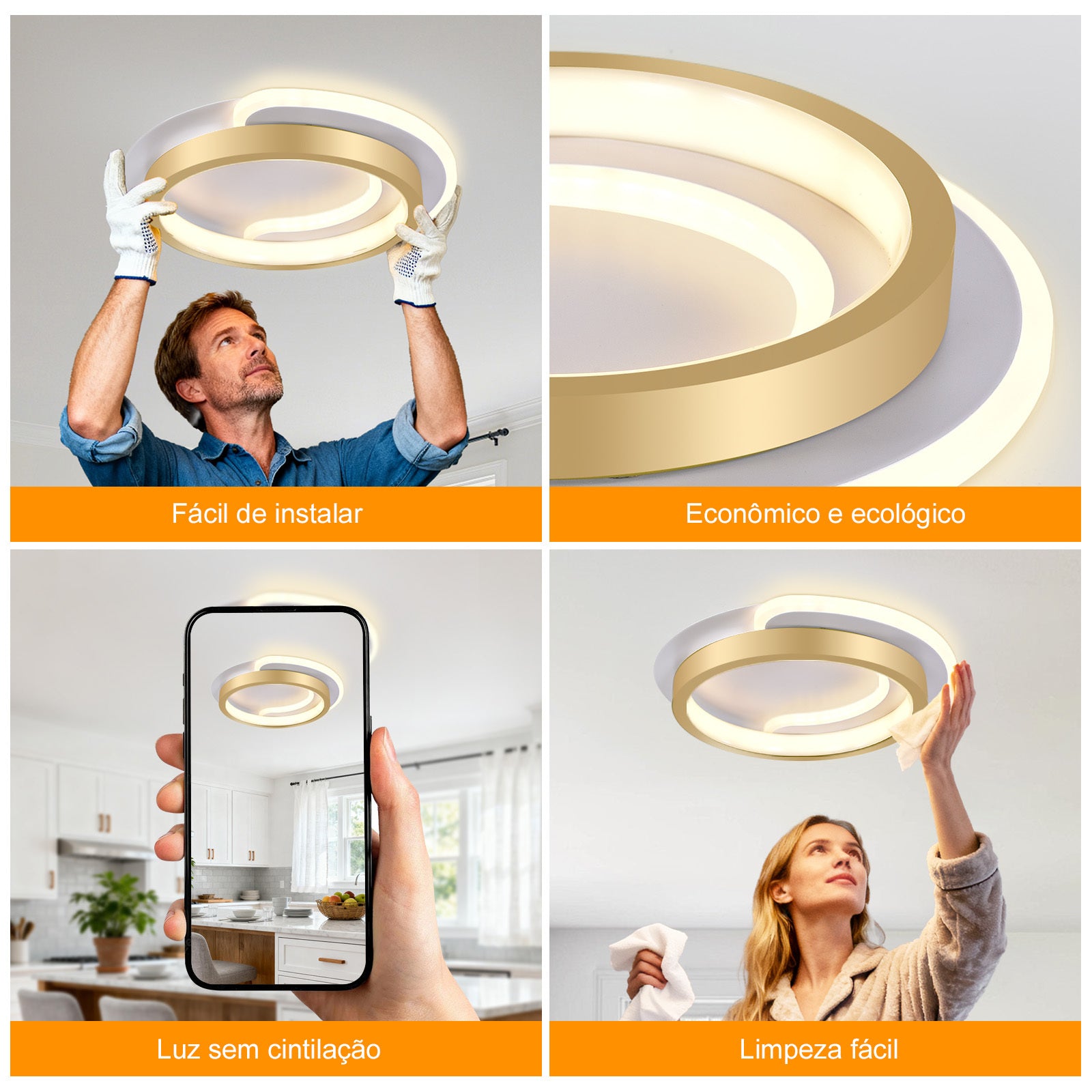 Ceiling Lamp, Modern Adjustable 23W Plafon Light, Strong And Economical Bivolt 110-265V Bedroom Lamp, Modern Lighting for Living Room, Bedroom, And Kitchen, 3 in 1, Golden Color