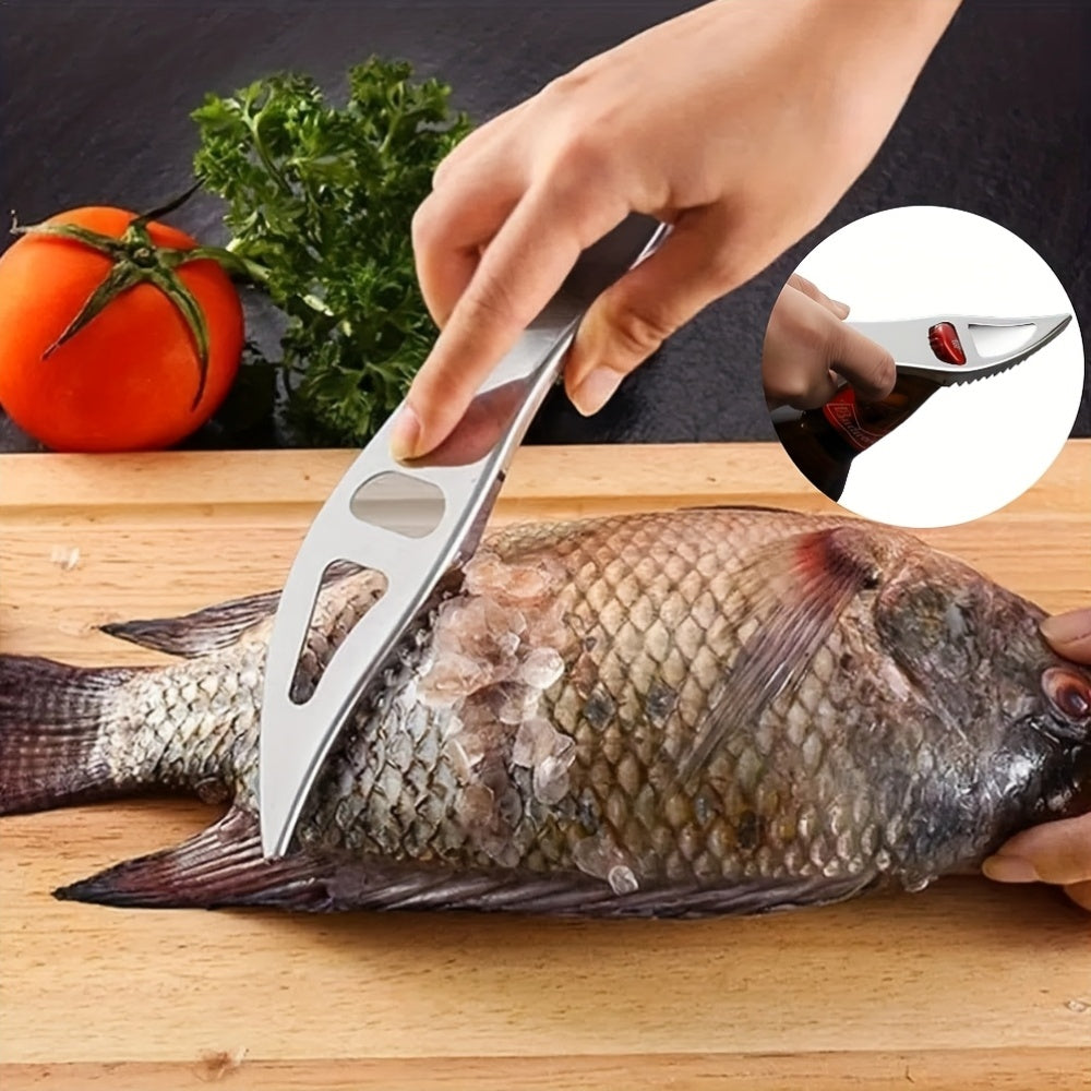 Conjunto de 4 Removedores de Escamas de Peixe e Escova em Aço Inoxidável - Ferramenta de Cozinha Robusta em Aço Inoxidável 430 com Cabo Ergonómico, Bordas Serrilhadas para Fácil e Rápido
