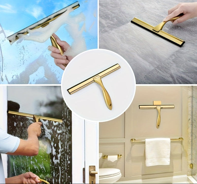 1pc 10-Inch Stainless Steel Shower Squeegee with Mounting Hook - Ergonomic Handle, Durable & Versatile for Glass Doors, Mirrors, Tiles - All-Purpose Cleaning Tool for Bathroom, Kitchen, Garage, Sleek Metallic Finish, Functional Design