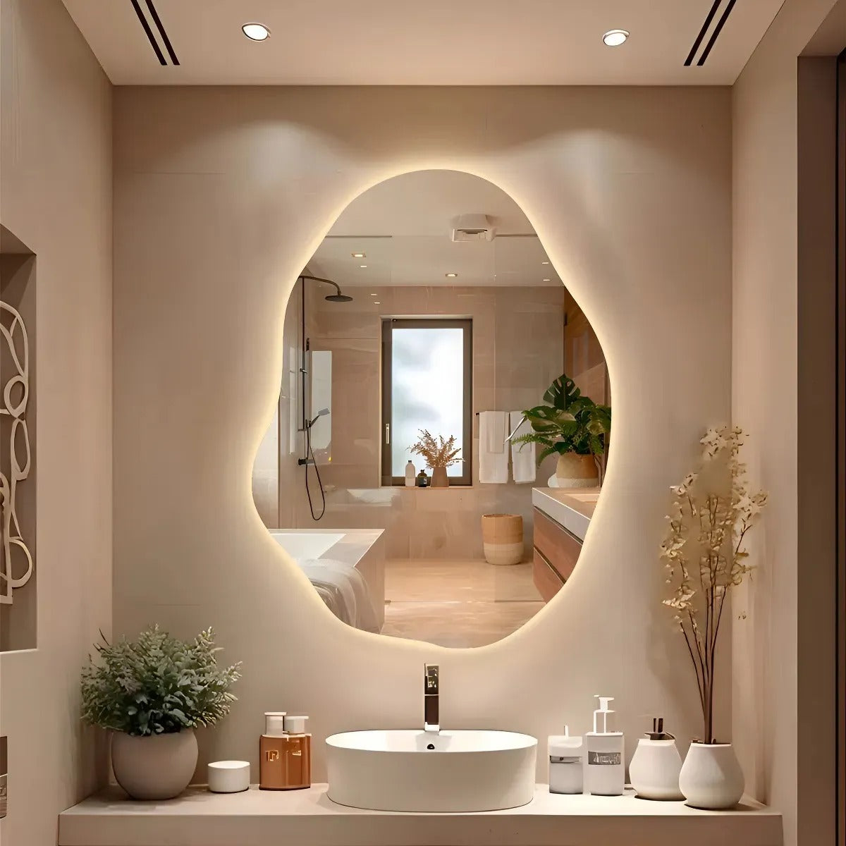 Espelho Orgânico Decorativo Moderno 70x50cm Formato Irregular Estilo Pinterest Vidro Polido de Alta Qualidade Sem Distorção para Decoração de Quarto Sala Hall e Banheiro Opções de Instalação com Suporte ou Fita Dupla Face Design Contemporâneo Luxo Resistente e Versátil Lopazzi Home Decor