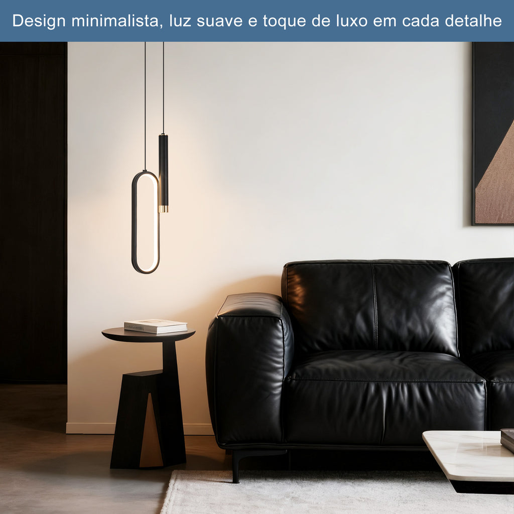 Modern Oval Pendant Light, 20W Adjustable Height LED Chandelier, 3-in-1 Dimmable LED with 100cm Adjustable Cord for Living Room, Bedroom, and Kitchen, Black
