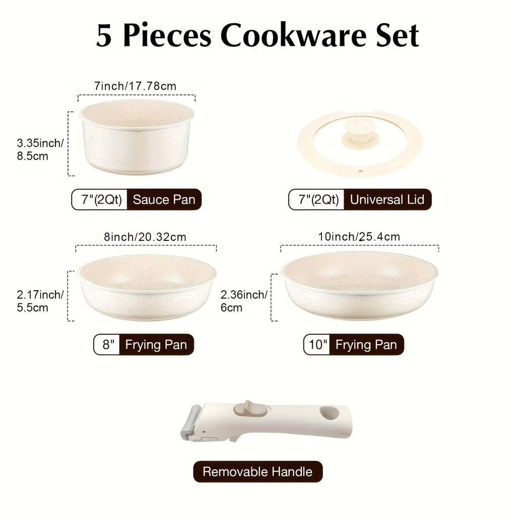 Conjunto de 5 peças de panelas antiaderentes IKTU em alumínio, com pegas removíveis para fácil limpeza e armazenamento, ideal para indução, gás e todos os tipos de fogões, perfeito como conjunto de panelas antiaderentes para autocaravanas, um excelente presente de Natal.