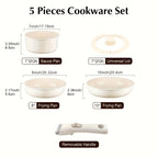 Conjunto de 5 peças de panelas antiaderentes IKTU em alumínio, com pegas removíveis para fácil limpeza e armazenamento, ideal para indução, gás e todos os tipos de fogões, perfeito como conjunto de panelas antiaderentes para autocaravanas, um excelente presente de Natal.