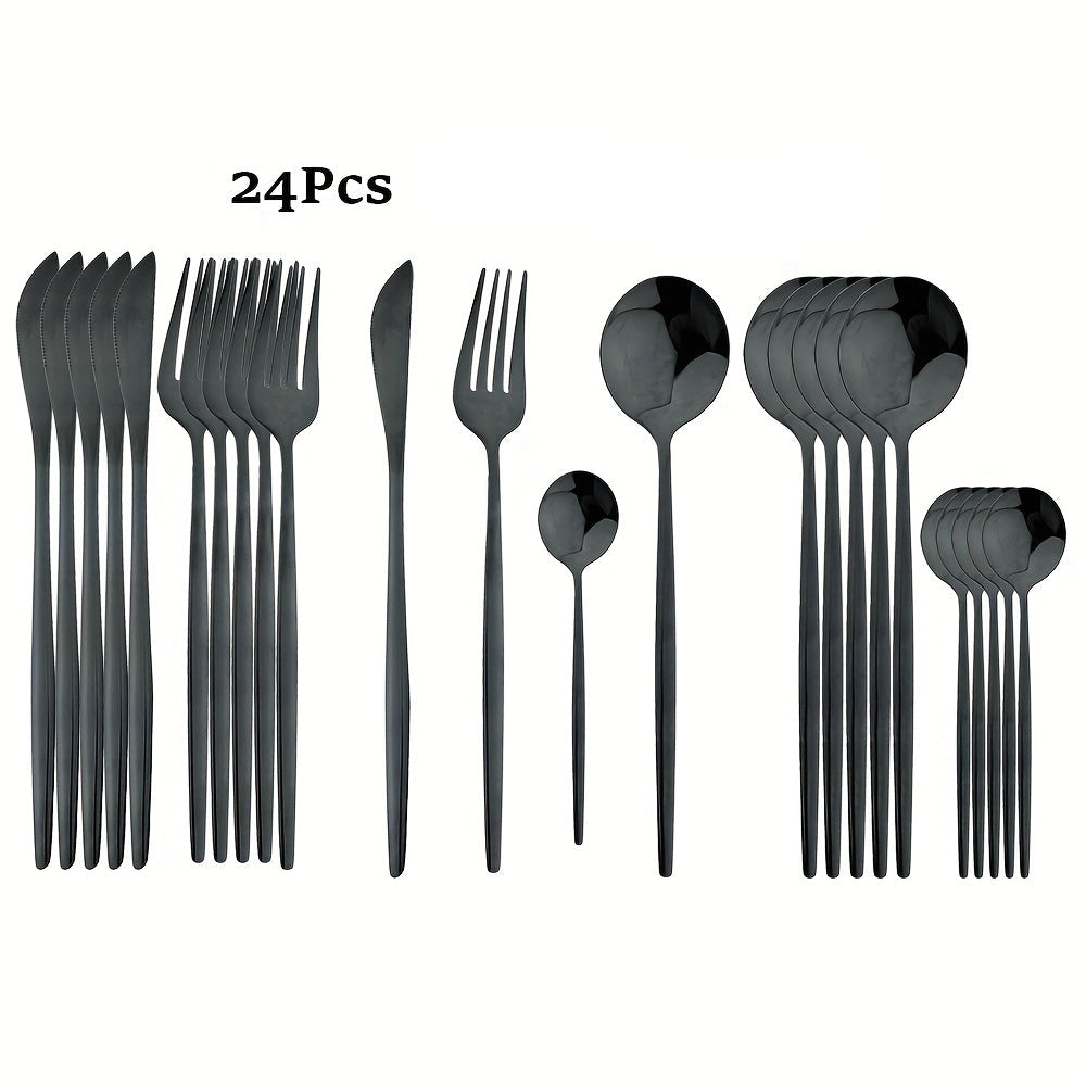 Conjunto de Talheres Dourados com Cabo Preto de 24 peças | Faca, Garfo, Colher em Aço Inoxidável, Aço Inoxidável 410, Presente de Louça de Jantar para Cozinha de Festival com Caixa