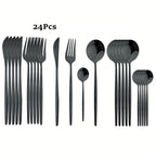 Conjunto de Talheres Dourados com Cabo Preto de 24 peças | Faca, Garfo, Colher em Aço Inoxidável, Aço Inoxidável 410, Presente de Louça de Jantar para Cozinha de Festival com Caixa