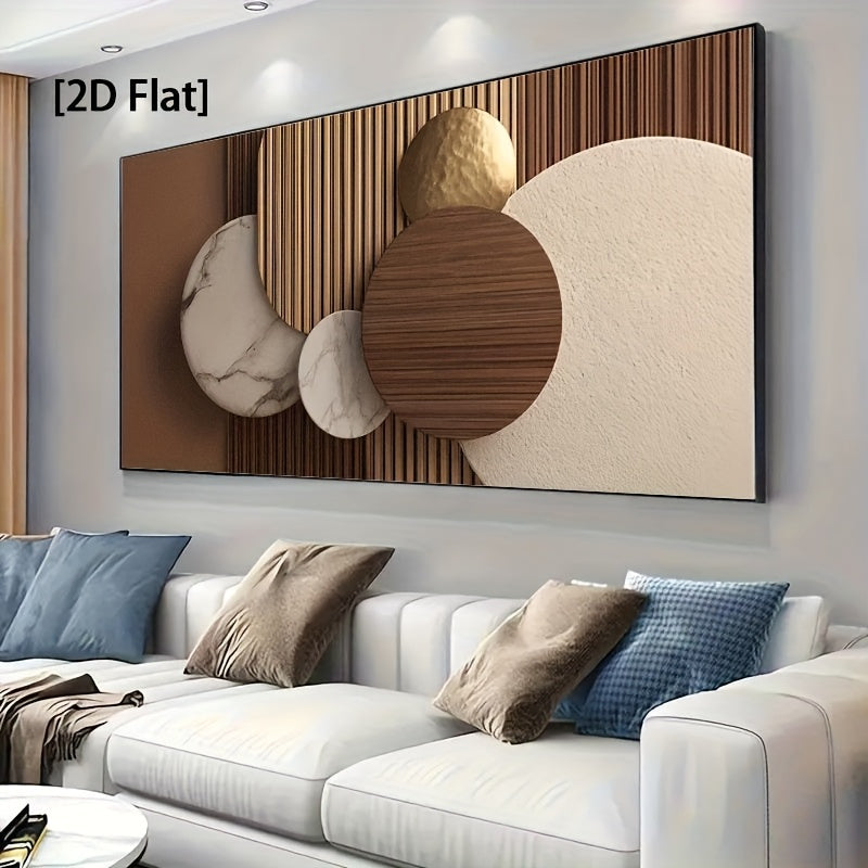 [2D Flat] Uma Grande Arte de Parede em Tela Minimalista Moderna Apresentando um Design Circular Abstrato em Bege, Castanho, Branco e Dourado. Esta Peça Contemporânea Sem Moldura é Ideal para Decorar Salas de Estar, Quartos e Escritórios em Casa
