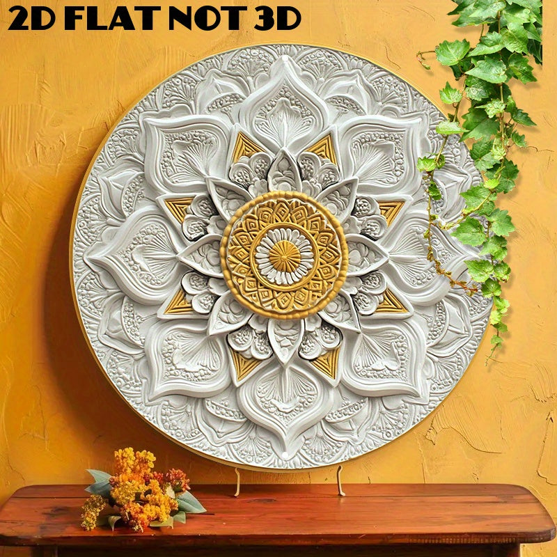 1 peça de arte de parede mandala de alumínio redondo de 8x8 polegadas - Design intrincado em ouro e branco, sinal de metal leve para casa ou escritório, acréscimo artístico para sala | Design mandala intrincado | Arte de parede de metal, arte de parede de metal